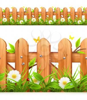 Grass and wooden fence seamless border, vector illustration