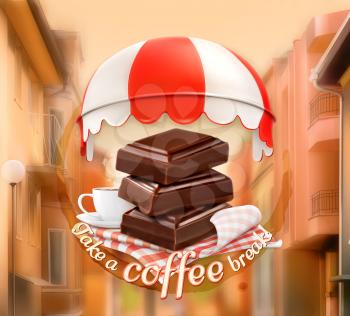 Pieces of chocolate and cup of coffee, awning over entrance, promotional sign, street background, invitation to a break, lunch time, vector advertising for chocolate houses, cafe and coffee shops