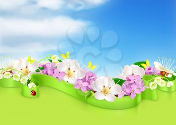 Spring flowers and clouds, vector background