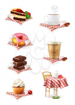 Street cafe, chocolate, cupcake, cake, cup of coffee, donut, vector icon set