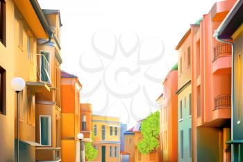 Urban landscape, a typical residential street of the provincial town, vector illustration, cozy houses in the background, beautiful city views in a lovely sunny day