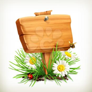 Spring, time for a picnic, wooden sign in a grass, flowers of camomile, a ladybug and a bee in the garden, vector icon, an universal frame showing the process of springtime