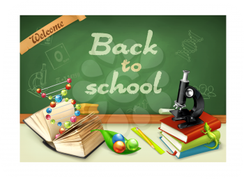 Welcome back to school. Studying and teaching, research and knowledge, vector illustrations on the chalkboard