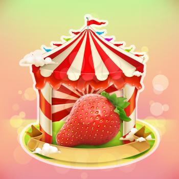 Fruit jam poster strawberry, sweets emblem, specialized agricultural fair, vector illustration background for making design of sweets, jam jar, a juice pack etc