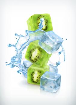 Kiwi with ice cubes and water splash, vector icon