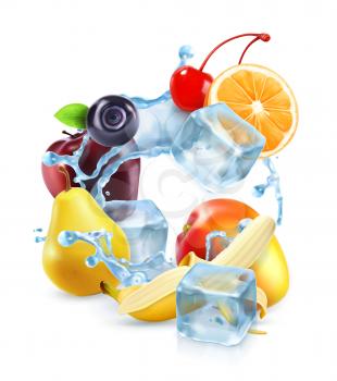 Multifruit with ice cubes and water splash, vector icon