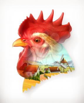 Rooster head, double exposure vector illustration