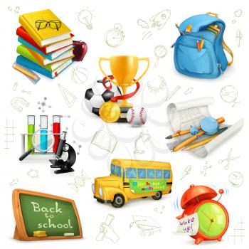 Back to school, education and knowledge, set icons, vector illustrations isolated on the white background with sketches