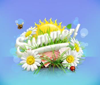 Summer, time for a picnic, nature, outdoor recreation, a tablecloth and sun behind, grass, flowers of chamomile, vector illustration showing the summertime