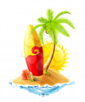 Surfboard and tropical island, vector illustration