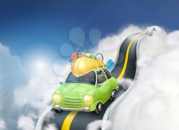 Traveling by car in the clouds, vector background