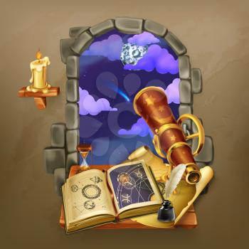 Window in the castle, magic and astrology vector illustration