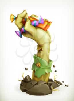 Zombie hand with candy, vector illustration