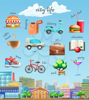 City life, set of vector icons