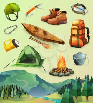 Camp set of vector icons, low poly style