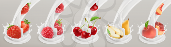 Fruit, berries and yogurt. Realistic illustration. 3d vector icon set 4