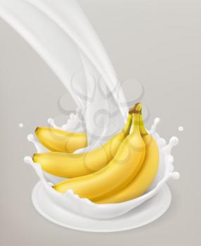 Milk splash and banana. 3d vector object. Natural dairy products