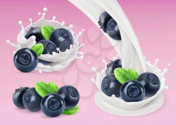 Milk splash and Blueberry. 3d vector object. Natural dairy products