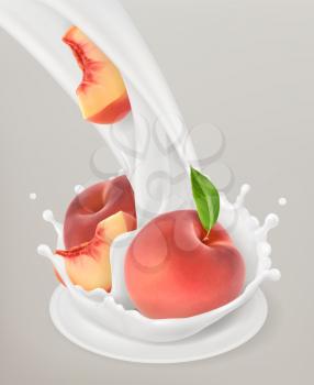 Milk splash and peach. 3d vector object. Natural dairy products