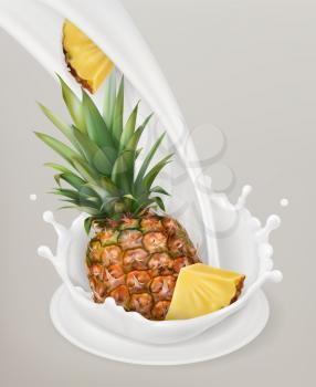 Milk splash and pineapple. 3d vector object. Natural dairy products