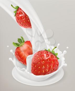 Milk splash and strawberry. 3d vector object. Natural dairy products