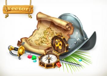 Old treasure map and conquistador helmet. Adventure 3d vector illustration