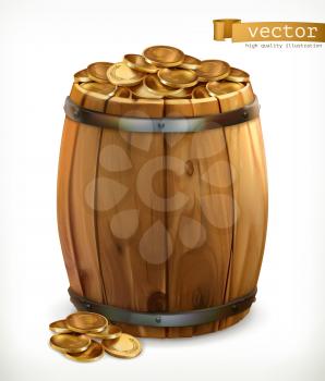 Treasure. Wooden barrel with gold coins. 3d vector icon