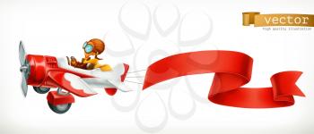 Funny airplane with red banner, 3d vector cartoon isolated on white background
