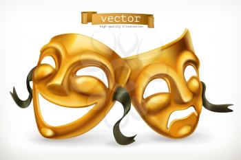 Gold theatrical masks. Comedy and tragedy, 3d vector icon