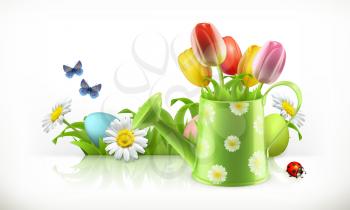 Watering can and spring flowers 3d vector banner