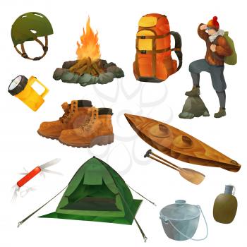 Hike set of vector icons, low poly style