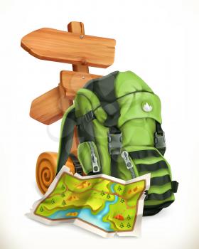 Travel. Map, tourist backpack and road sign. 3d vector icon