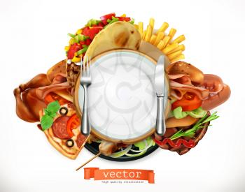 Fast food logo. Sandwich, steak, chicken, french fries, tacos, sausages, pizza. 3d vector icon, realism style