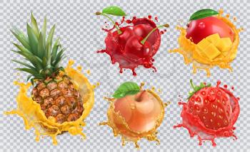 Pineapple, strawberry, apple, cherry, mango juice. Fresh fruits and splashes, 3d vector icon set