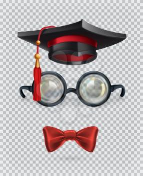 Square academic cap, mortarboard, glasses and bow tie. 3d vector icon set
