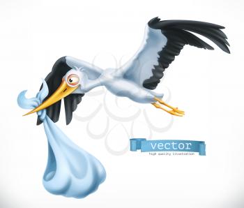 Stork brings a child. 3d vector icon