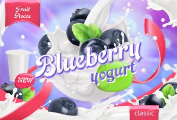 Blueberry yogurt. Fruits and milk splashes. 3d realistic vector package design