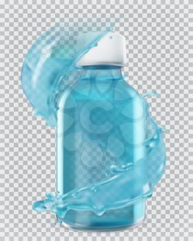 Blue bottle and water splash. 3d realism, vector icon