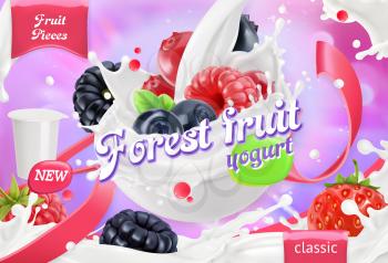 Forest fruit yogurt. Mixed berry and milk splashes. 3d realistic vector, package design