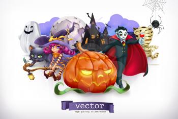 Happy Halloween. Pumpkin, spider, cat, witch, vampire, 3d vector illustration
