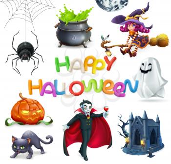 Happy Halloween. Pumpkin, spider, cat, witch, vampire, crypt and lettering, 3d vector icon set