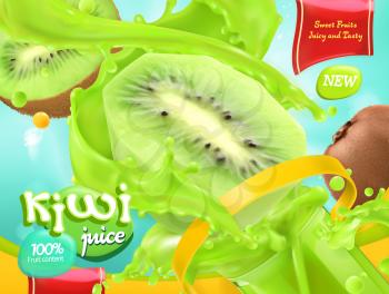 Kiwi juice. Sweet fruits. 3d realistic vector, package design