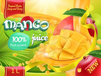 Mango juice. Sweet tropical fruits. 3d realistic vector, package design