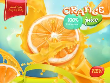 Orange juice. Sweet fruits. 3d realistic vector, package design