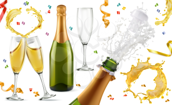 Champagne. Glasses, bottle, splash. 3d realistic vector icon set