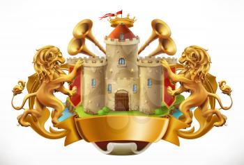 Coat of arms. Castle and lions. 3d vector icon
