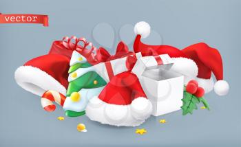Santa hat, christmas tree and gifts. 3d vector icon