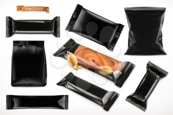 Black polymer packaging for foods. Chocolate bar, different snack products. 3d realistic vector set mock up