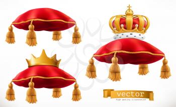 Royal pillow and crown. 3d vector icon set