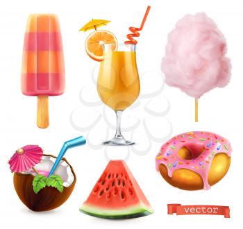 Summer, sweet food. Ice cream, orange juice, cotton candy, cocktail, watermelon, donut. 3d realistic vector icon set